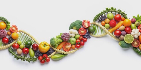 Fresh DNA strand made from healthy vegetables and fruits, nutrigenetics, DNA, strand, fresh, healthy, vegetables, fruits