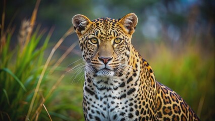 Fototapeta premium Sleek and powerful leopard in the wild, wildlife, predator, feline, carnivore, safari, spotted, camouflage, nature, hunting