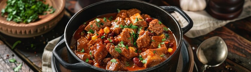 A person is holding a large pot of chili with lots of vegetables and meat. The pot is filled with a variety of ingredients, including beans, carrots, and peppers