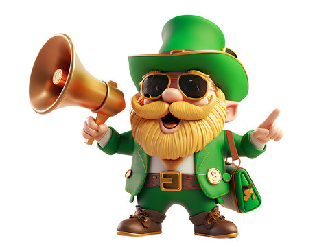 adorable leprechaun with a megaphone, st patrick day concept