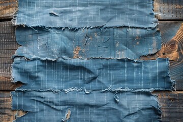 Close-up of worn jeans in a mosaic of memories in shades of blue. Jeans scrap reserve is reborn into art and fashion scraps.