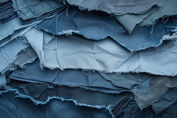 Close-up of worn jeans in a mosaic of memories in shades of blue. Jeans scrap reserve is reborn into art and fashion scraps.