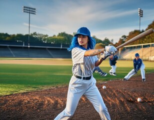 A woman in a blue shirt and white pants is swinging a baseball bat