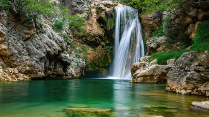 Fototapeta premium Serene waterfall cascading into crystal-clear pool surrounded by lush greenery and rocky cliffs