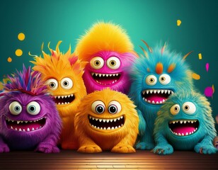 Obraz premium A group of colorful monsters with big teeth are smiling for the camera
