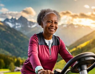 A woman in a red shirt is smiling and driving a vehicle - Powered by Adobe