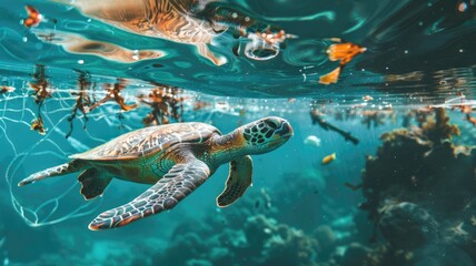 Fototapeta premium Sea turtle swimming underwater with marine life and floating debris