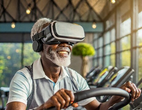 A man wearing a VR headset is smiling as he rides a stationary bike