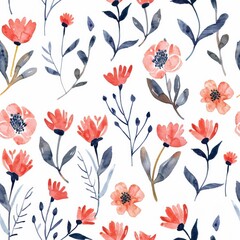 Watercolor farmhouse flowers seamless repeating pattern, minimal pattern, high contrasty 