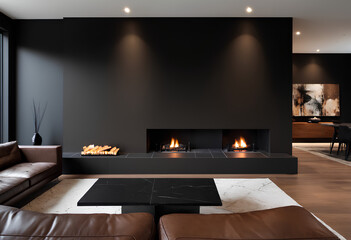 modern living room with fireplace. painting in the back. black color theme.