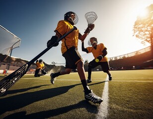 A group of lacrosse players are on a field, one of them holding a lacrosse stick