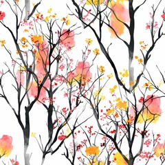 Watercolor flowering trees seamless repeating pattern, minimal pattern, high contrasty 