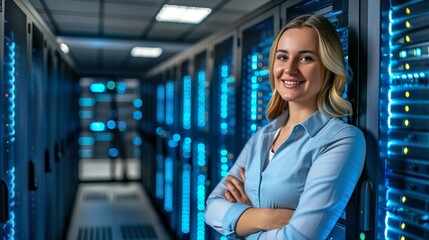 Happy Young Blonde Female IT Specialist Posing in a High-Tech Data Center