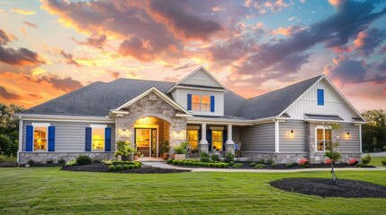 Stunning luxury home with a spacious front porch, grey cladding, white stone walls, blue shutters, lush landscaping, green grass, and sunset sky.