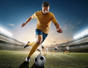 Fototapeta premium A soccer player in a yellow shirt kicks a soccer ball on a field