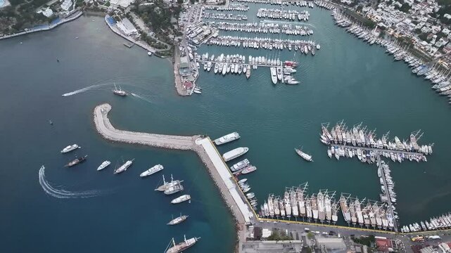 Bodrum Castle and City Streets in the Summer Season Drone Video, Bodrum Mugla, Turkiye (Turkey)

