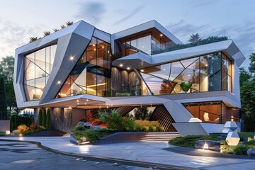 Stylish contemporary villa with a bold design, featuring geometric shapes, large windows, and a rooftop garden. The villa has a beautiful driveway and is surrounded by a lush landscape.