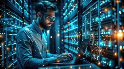Obraz premium Male Technician Working in a Server Room With Glowing Blue Lights.IT Specialist in Server Room: Male Technician Surrounded by Blue LED Lights