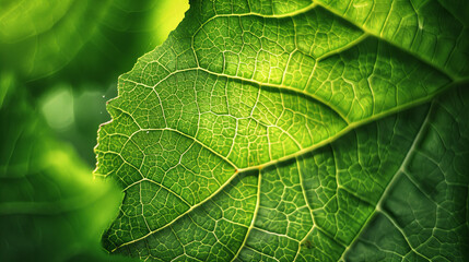 Fototapeta premium Magnified glimpse of a green leaf's intricate details, set against the vibrant backdrop of a sunlit garden, showcasing nature's beauty and complexity