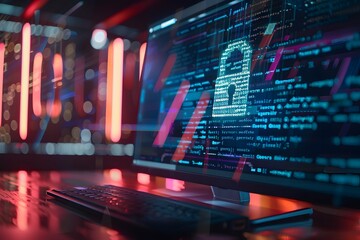 A sleek computer screen displaying a digital padlock over a stream of binary code; showing robust data encryption and protection of cybersecurity