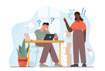 Angry female boss. Woman yells at man at work. Poor atmosphere in office and ineffective organization of workflow. Boss scolds lazy subordinate. Flat vector illustration isolated on white background