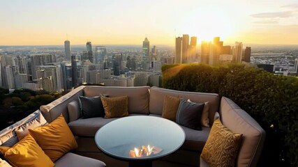 The rooftop terrace of a luxury townhouse offering stunning views of the surrounding city skyline.