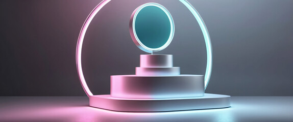 Silver neon modern stand podium for display product. Background for cosmetic product branding, identity and packaging inspiration