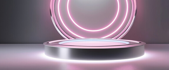 Silver neon modern stand podium for display product. Background for cosmetic product branding, identity and packaging inspiration