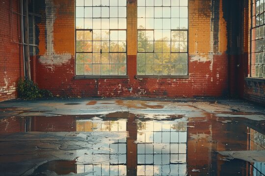 An abandoned warehouse featuring large windows, exposed brick walls, and reflective puddles on the floor, creating an atmosphere of decay and forgotten history.