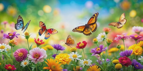 Fototapeta premium Butterflies gracefully fluttering among colorful flowers, nature, beauty, insects, garden, vibrant, blooming, wildlife