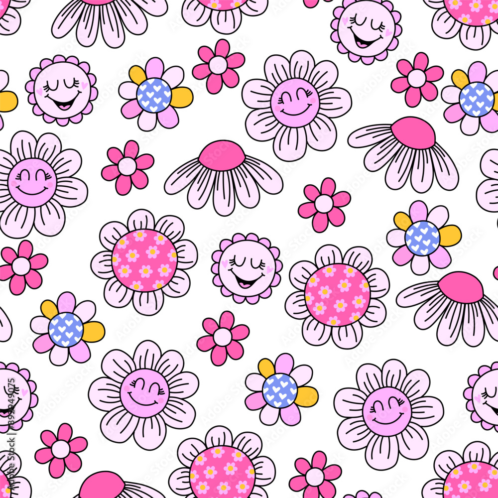 Poster abstract seamless vector pattern of flowers wich smiling face. funny texture background. bright colo