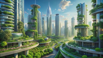 Futuristic green cityscape with lush vegetation and high-tech architecture, Green, city, futuristic