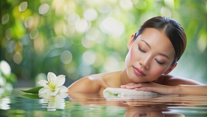 A serene Asian woman with flawless skin enjoying a spa treatment, serene, Asian, beauty, flawless,...