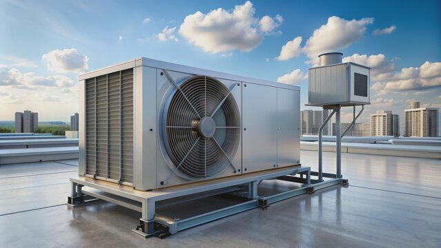 rendering of a condenser unit on the rooftop of an industrial plant, featuring a motor, pump