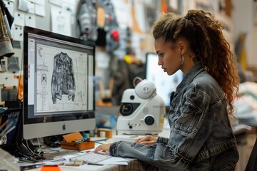 A dedicated designer working at a computer with a detailed jacket design displayed on the screen, surrounded by various tools and materials, highlighting the creative process.