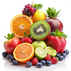 Pile of Colorful Fruits and Berries (White Background)