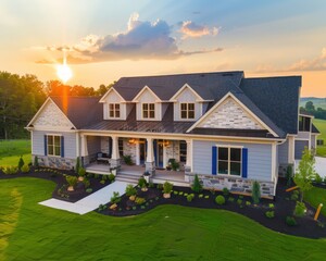 Sunset drone shot of a luxury home featuring a large front porch, grey cladding, pearl white stone walls, blue shutters, and lush landscaping with green grass.