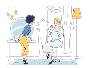 Bridal makeup concept. Woman preparing for wedding ceremony. Bride with her friend, make up artist. Beauty, aesthetics and elegance. Linear vector illustration isolated on white background