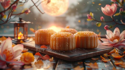 Mooncakes with blooming flowers and lanterns under the full moon. Chinese traditional holiday Mid autumn festival holiday background with mooncakes