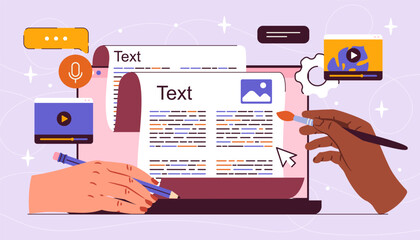 Team of copywriters. Hands with brush and pencil near website page. Editors create articles and interesting content for webpage. Creative bloggers or freelancers. Flat vector illustration