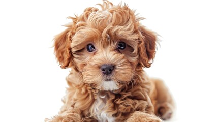 Adorable Maltipoo puppy posing on white background