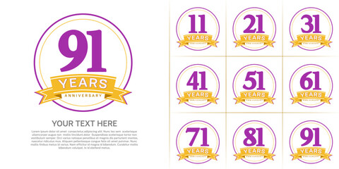 anniversary logotype set vector, purple color with circle and orange ribbon for special day celebration