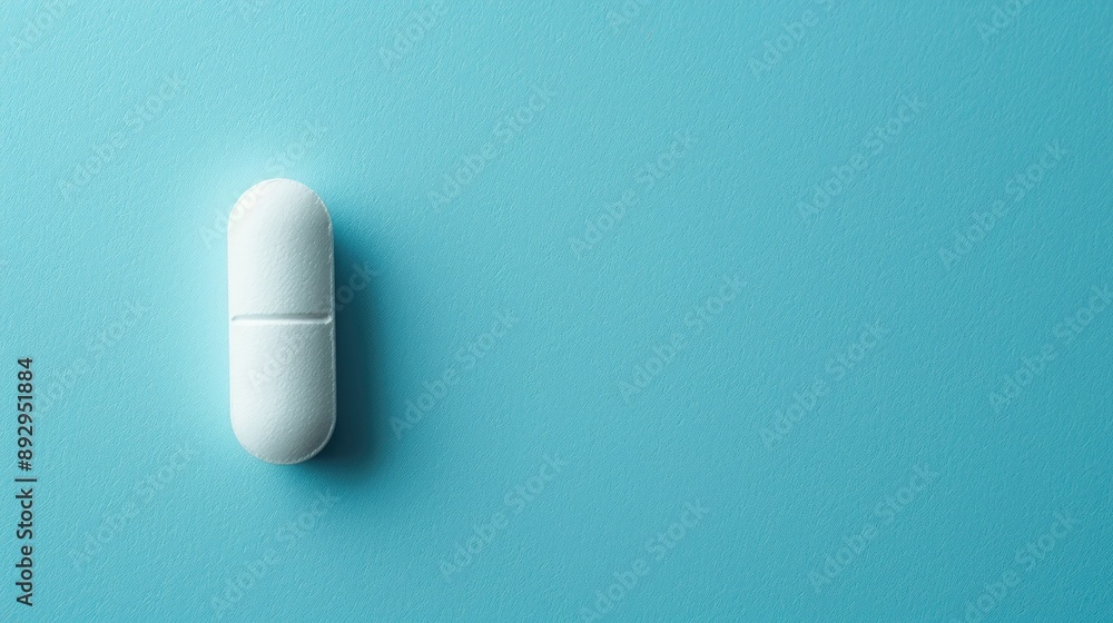 Sticker white pill on blue background with copy space viewed from above