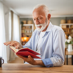 Senior caucasian man read a book and drink cup of coffee at home