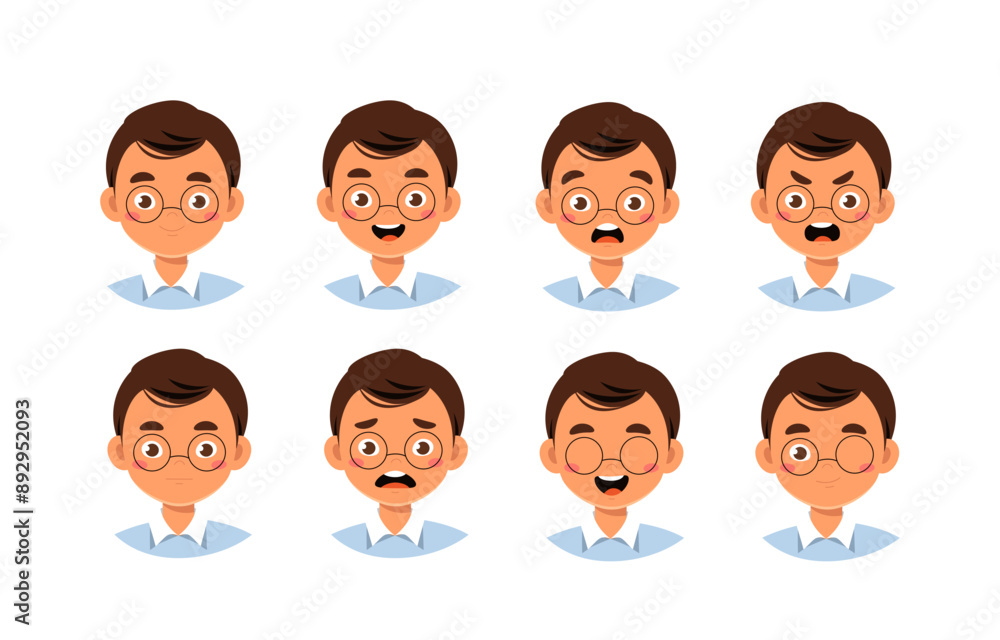 Poster male doctor heads set. healthcare worker with different emotions. pack of characters with various fe