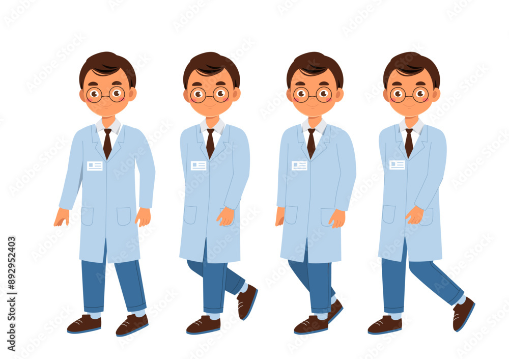 Poster male doctor set. adult in medical uniform. pack of characters in different viewing angles. design el