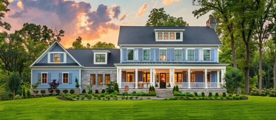 Wide-angle view of a luxury home with a spacious front porch, blue walls, white stone cladding, grey shutters, lush green grass, and many trees at sunset.
