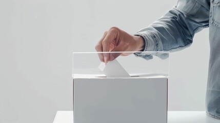 hand placing ballot in transparent box crisp white background focus on democratic action