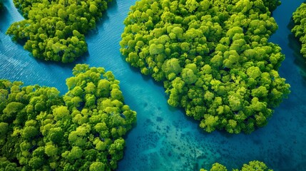 Naklejka premium Aerial top view of green mangrove forest. Mangrove ecosystem. Natural carbon sinks. Mangroves capture CO2 from the atmosphere. Blue carbon ecosystems. Mangroves absorb carbon dioxide emissions