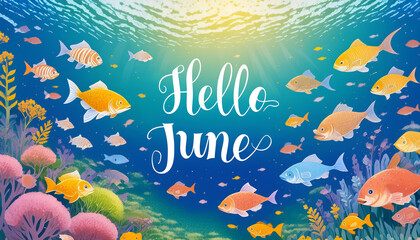 Hello June calligraphic text message on colorful tropical summer turquoise blue underwater sea background or wallpaper with multicolor marine or freshwater fish, corals and aquatic algae plants.	